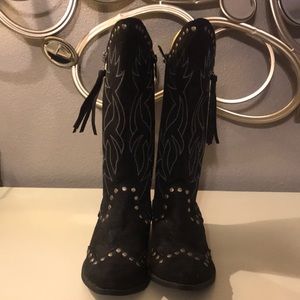 Black Studded Cowboy Boots with Tassel Zipper